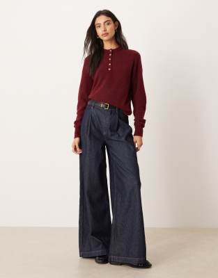 Asos Design Knit Alpaca Blend Henley Top In Burgundy