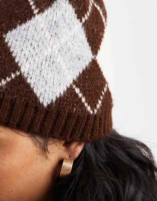 Asos Design Knit Argyle Beanie In Brown