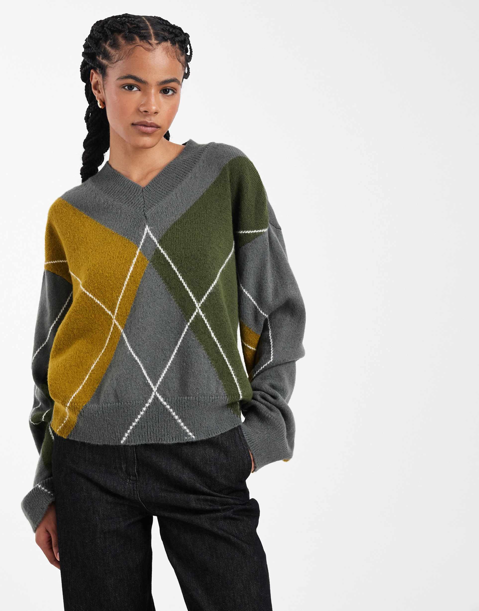 asos design knit argyle v-neck sweater in green