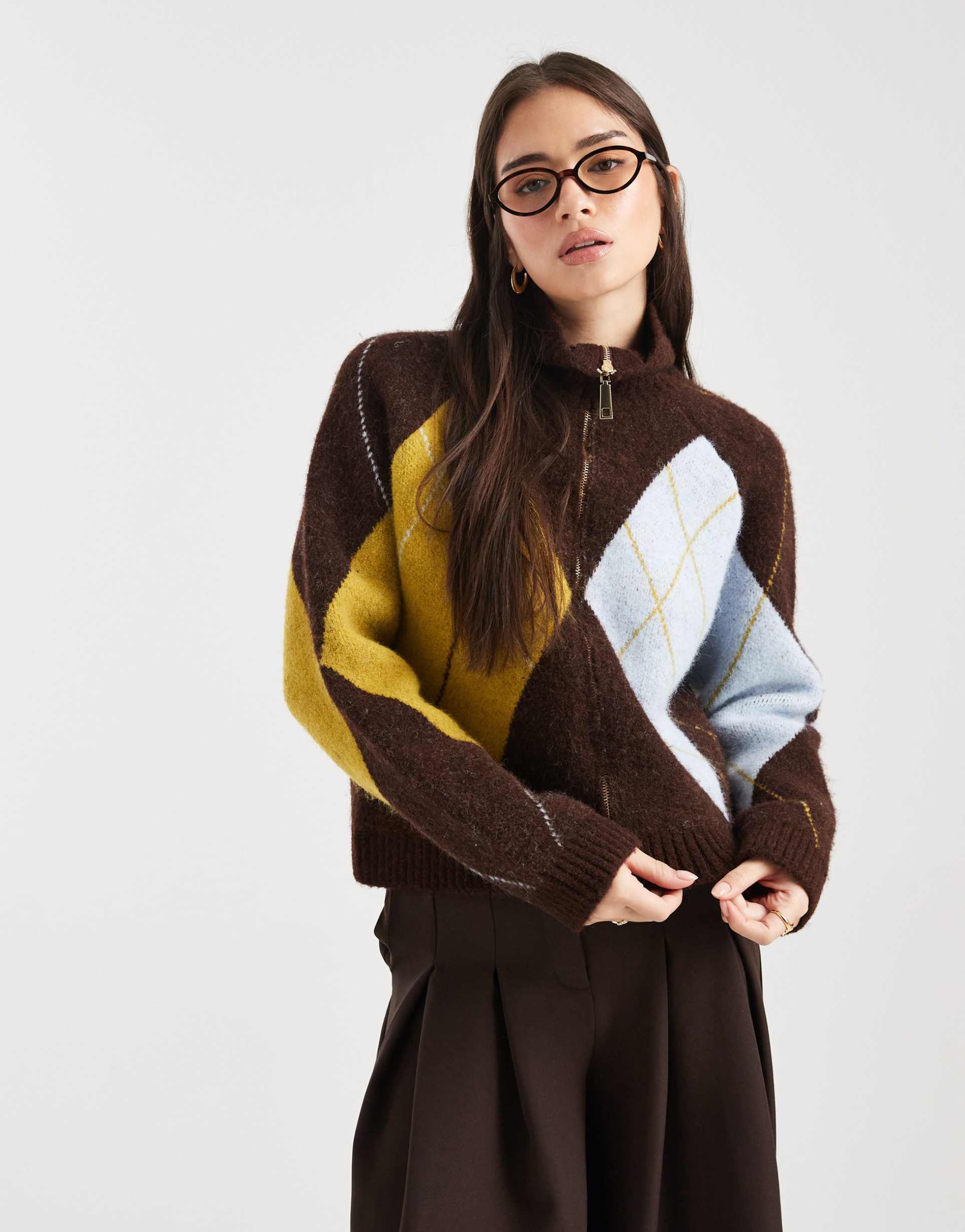 asos design knit argyle zip up cardigan in brown