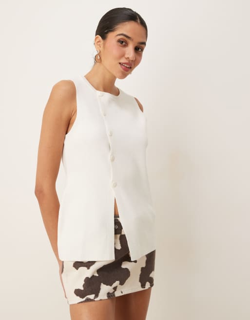 ASOS DESIGN knit asymmetric button front vest with split in cream | ASOS