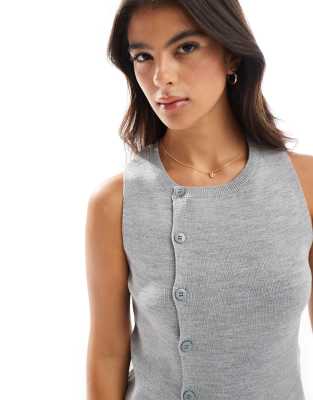 knit asymmetric button front vest with split in gray