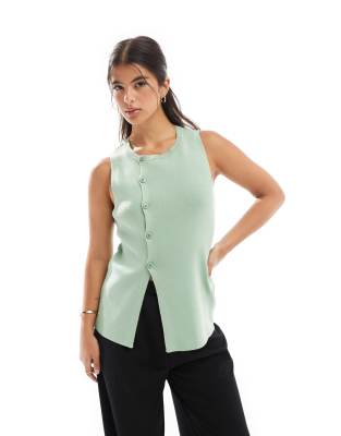 knit asymmetric button front vest with split in green