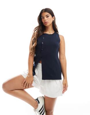 knit asymmetric button front vest with split in navy