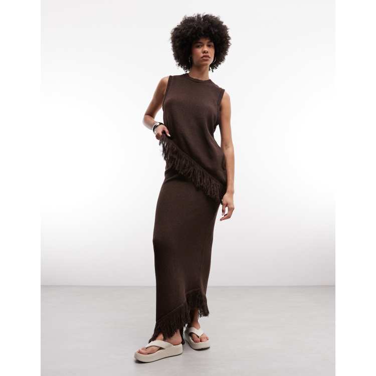 ASOS DESIGN knit asymmetric fringe skirt in brown - part of a set