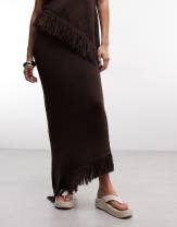 ASOS DESIGN knit asymmetric fringe skirt in brown - part of a set