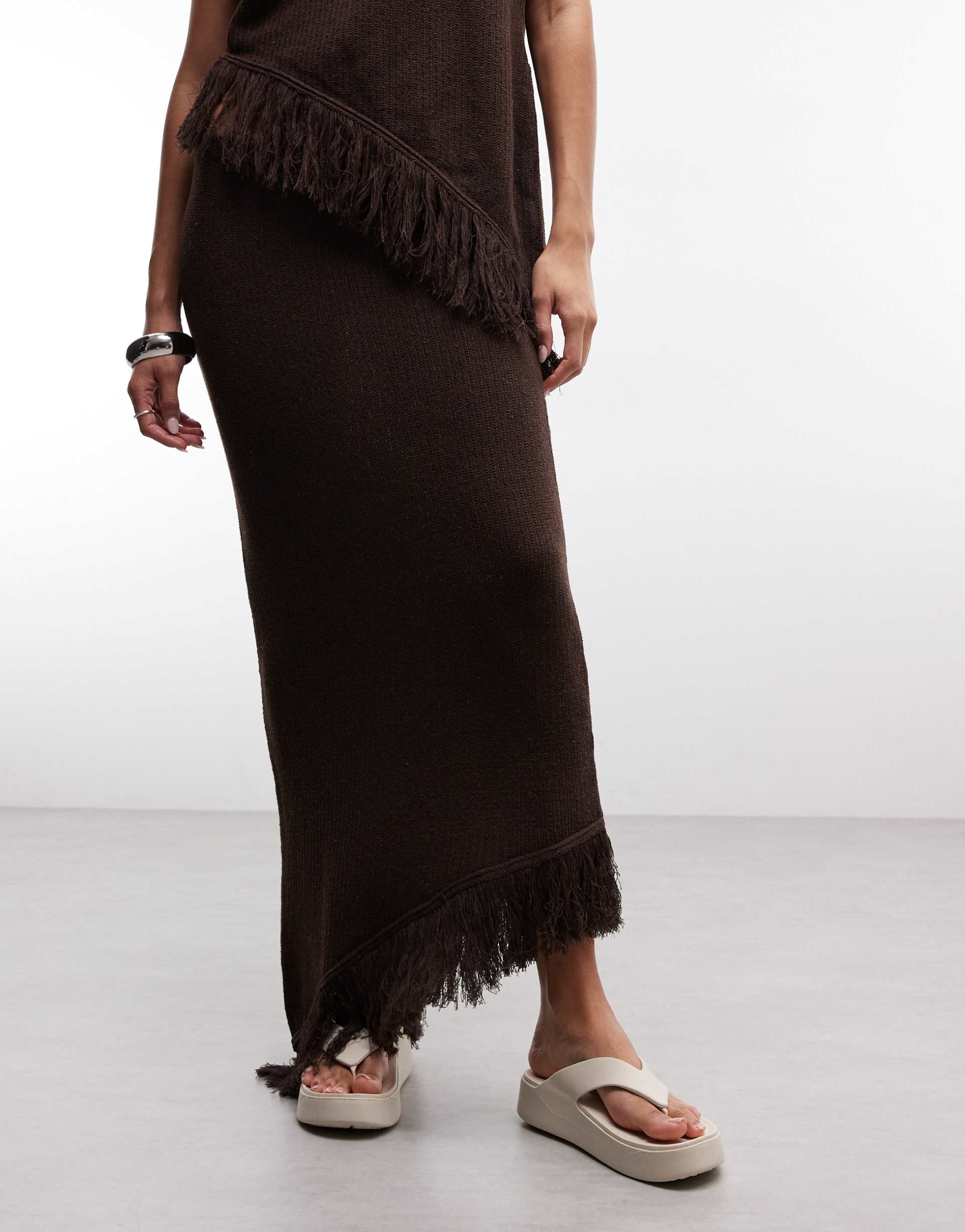 asos design knit asymmetric fringe skirt in brown - part of a set