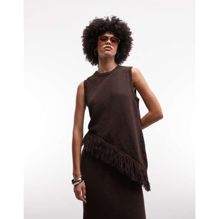 ASOS DESIGN knit asymmetric fringe top in brown - part of a set | ASOS