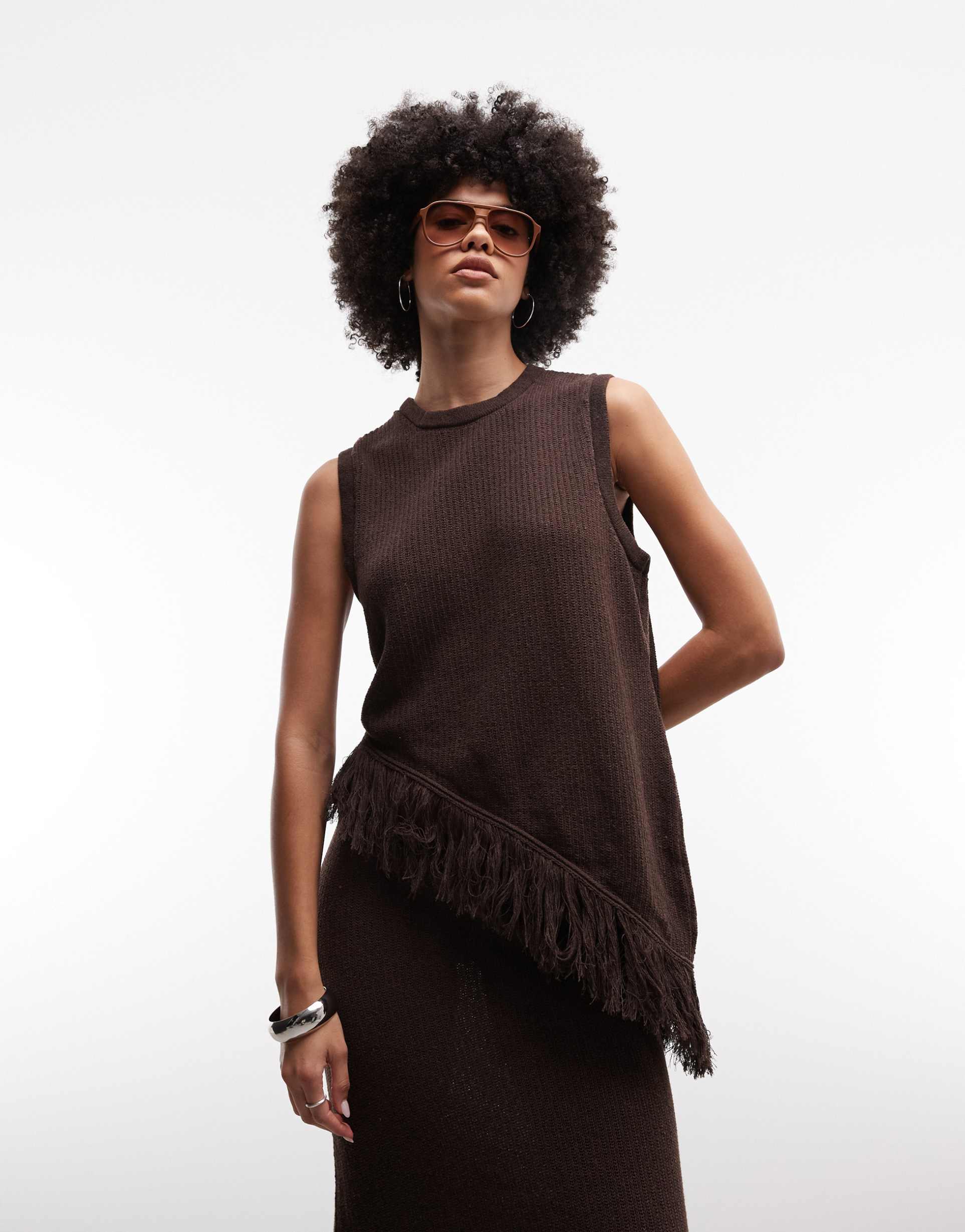 asos design knit asymmetric fringe top in brown - part of a set