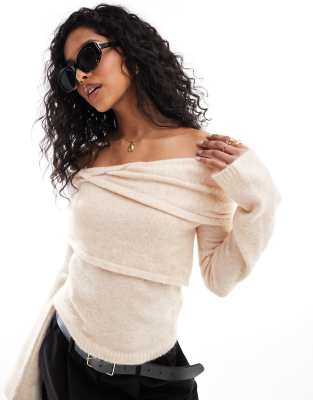Asos Design Knit Asymmetric Off The Shoulder Top In Cream-white