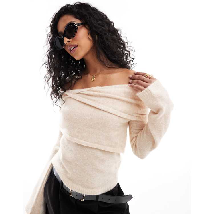 ASOS DESIGN knit asymmetric off the shoulder top in cream | ASOS