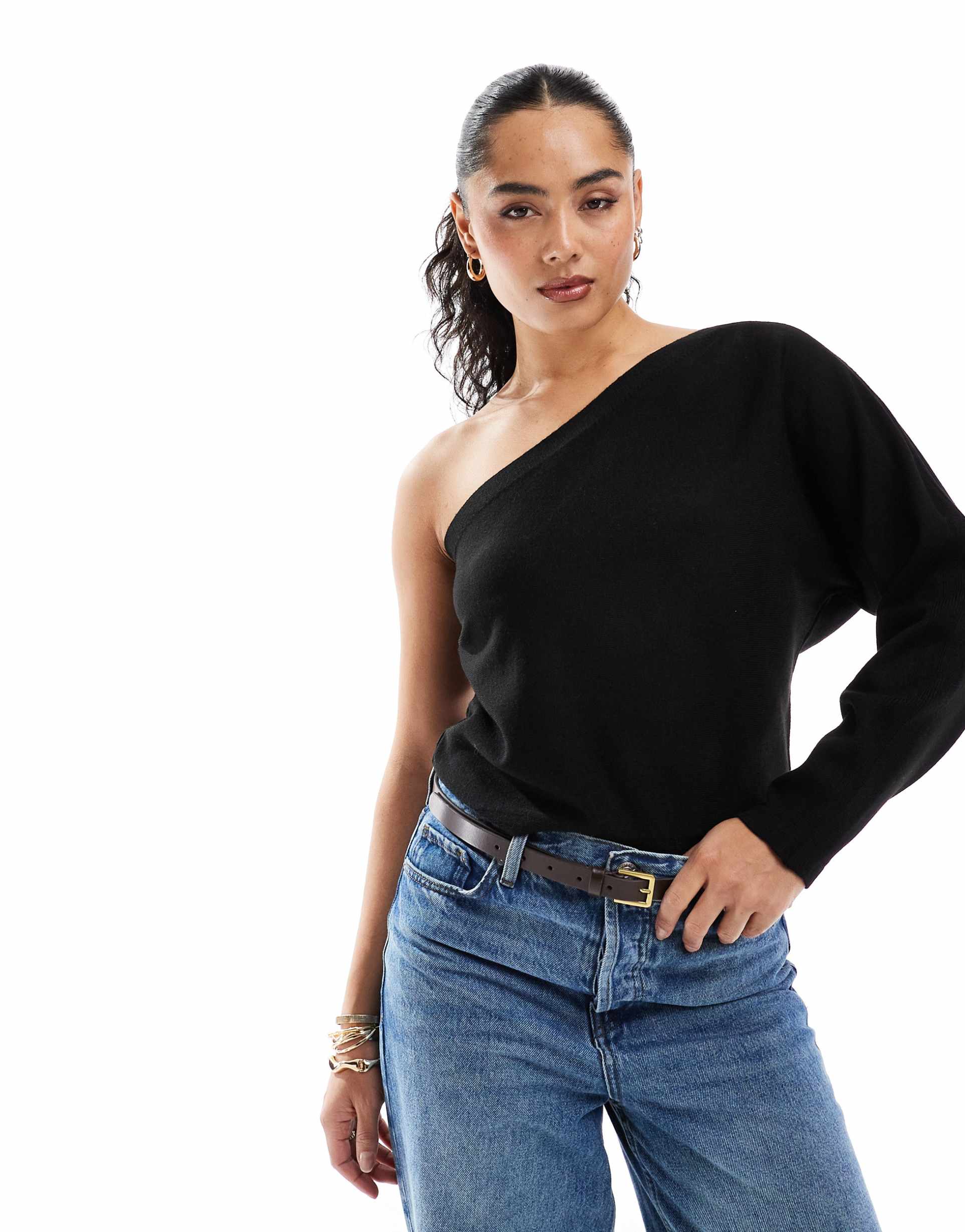 asos design knit asymmetric one shoulder sweater in black