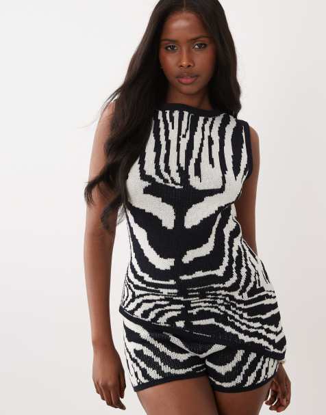 ASOS DESIGN knit asymmetric top in zebra - part of a set - view 1