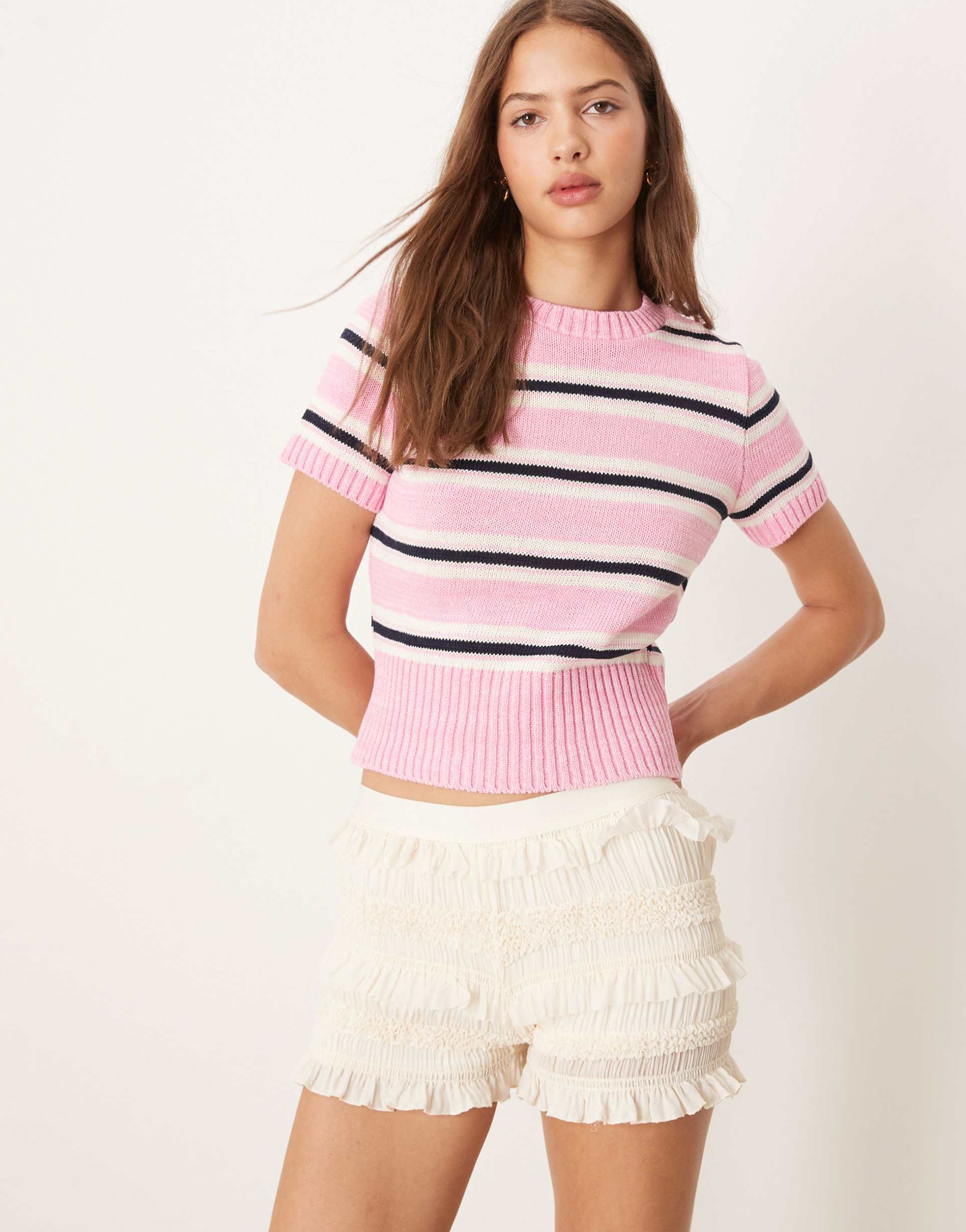 asos design knit baby t-shirt in pink stripe
