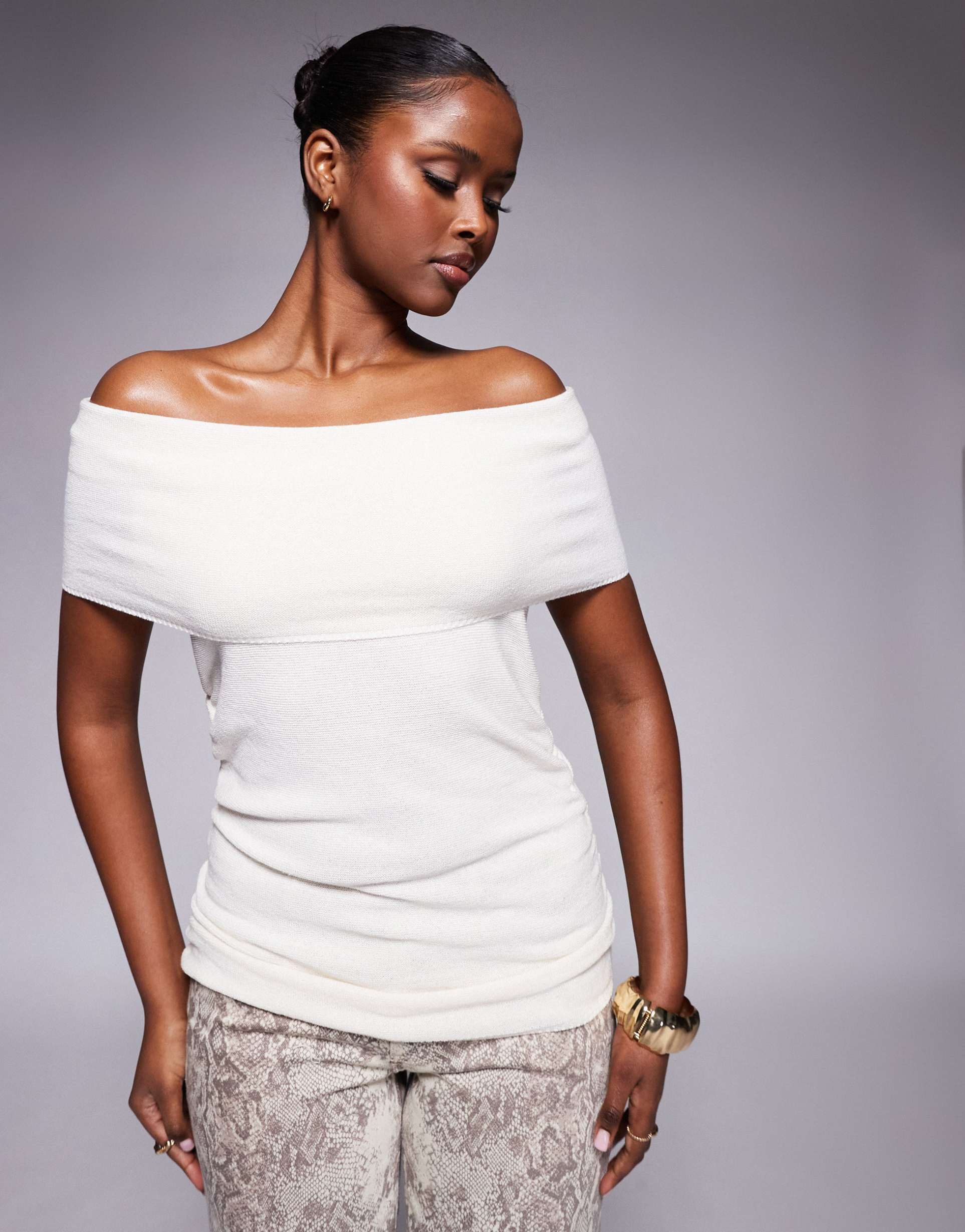 asos design knit bardot top in ecru