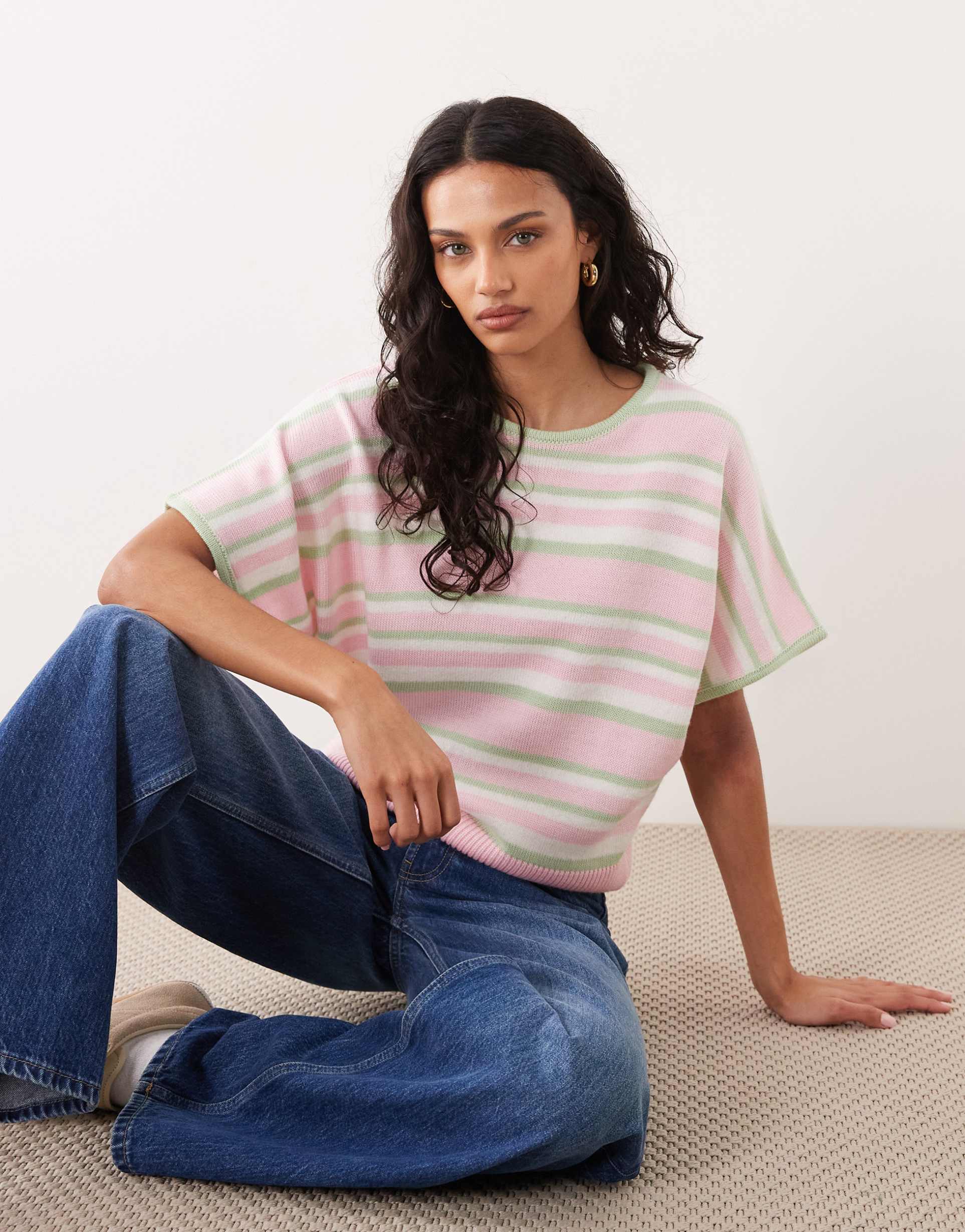 asos design knit batwing sweater in green and pink stripe