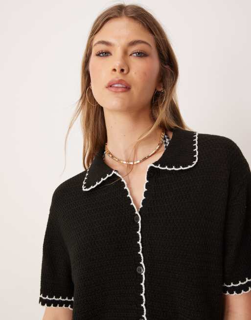 ASOS DESIGN knit beach button up top with contrast scallop stitch in black - part of a set
