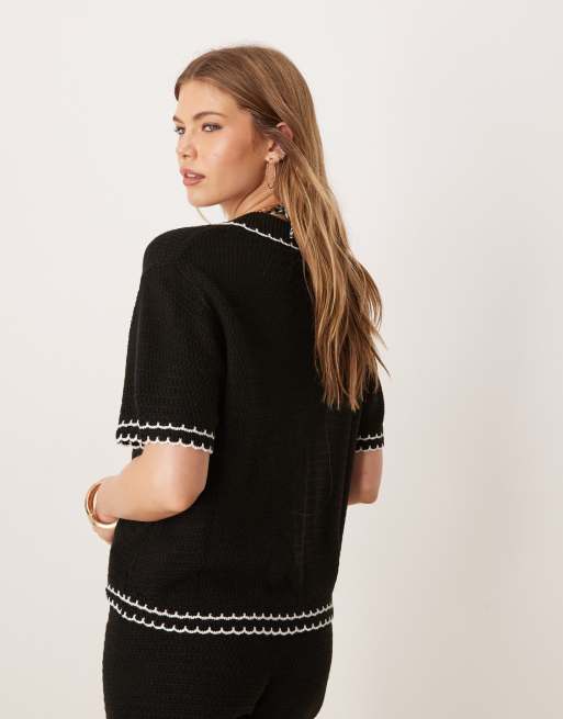 ASOS DESIGN knit beach button up top with contrast scallop stitch in black - part of a set