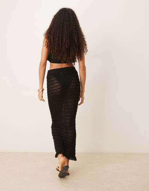 ASOS DESIGN knit beach maxi skirt with fringe in black, 4 of 5