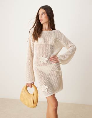 asos design knit beach mini dress with 3d flowers in ecru