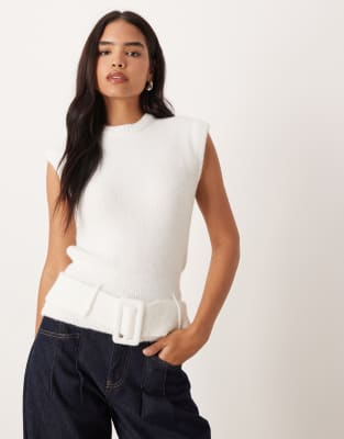 Asos Design Knit Belted Top With Wool In White