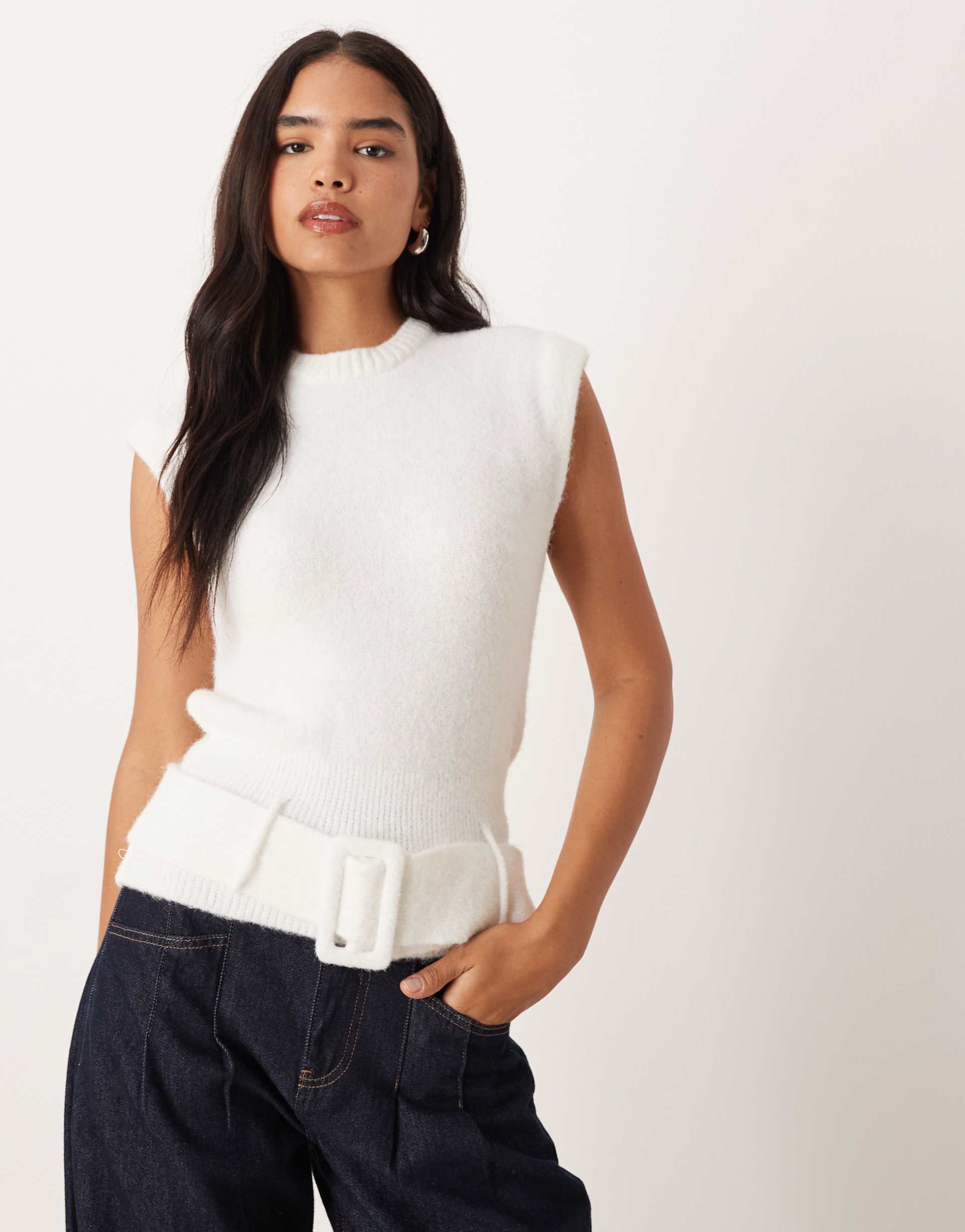 asos design knit belted top with wool in ecru