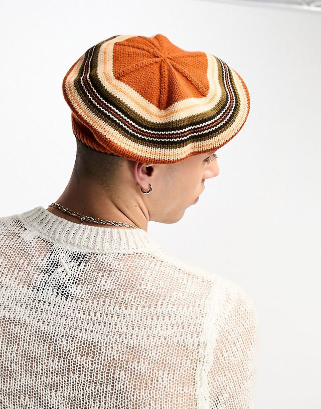 ASOS DESIGN knit beret with stripe in rust