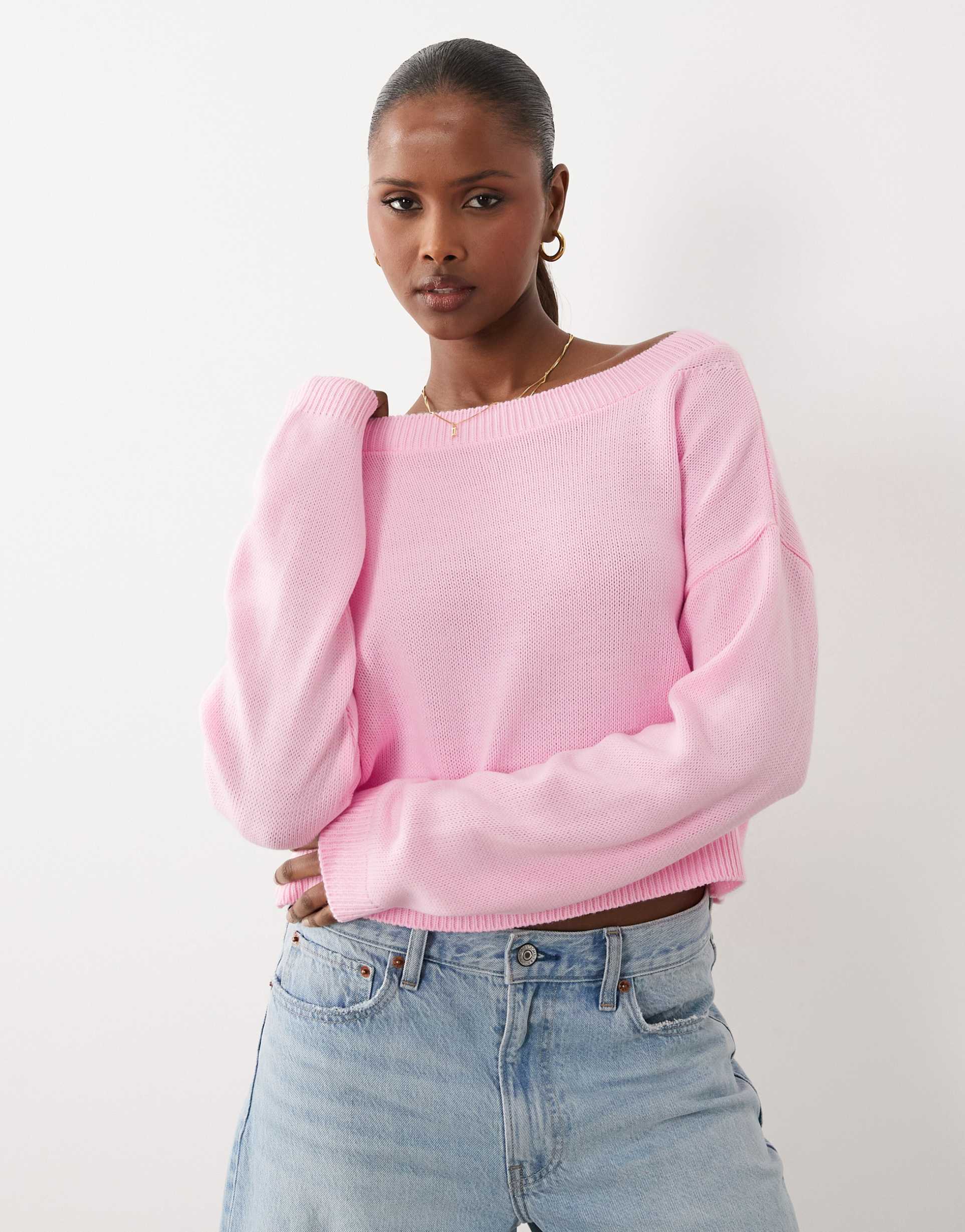 asos design knit boat neck sweater in soft pink