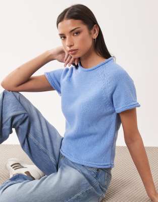 ASOS DESIGN knit boat neck T-shirt in light blue