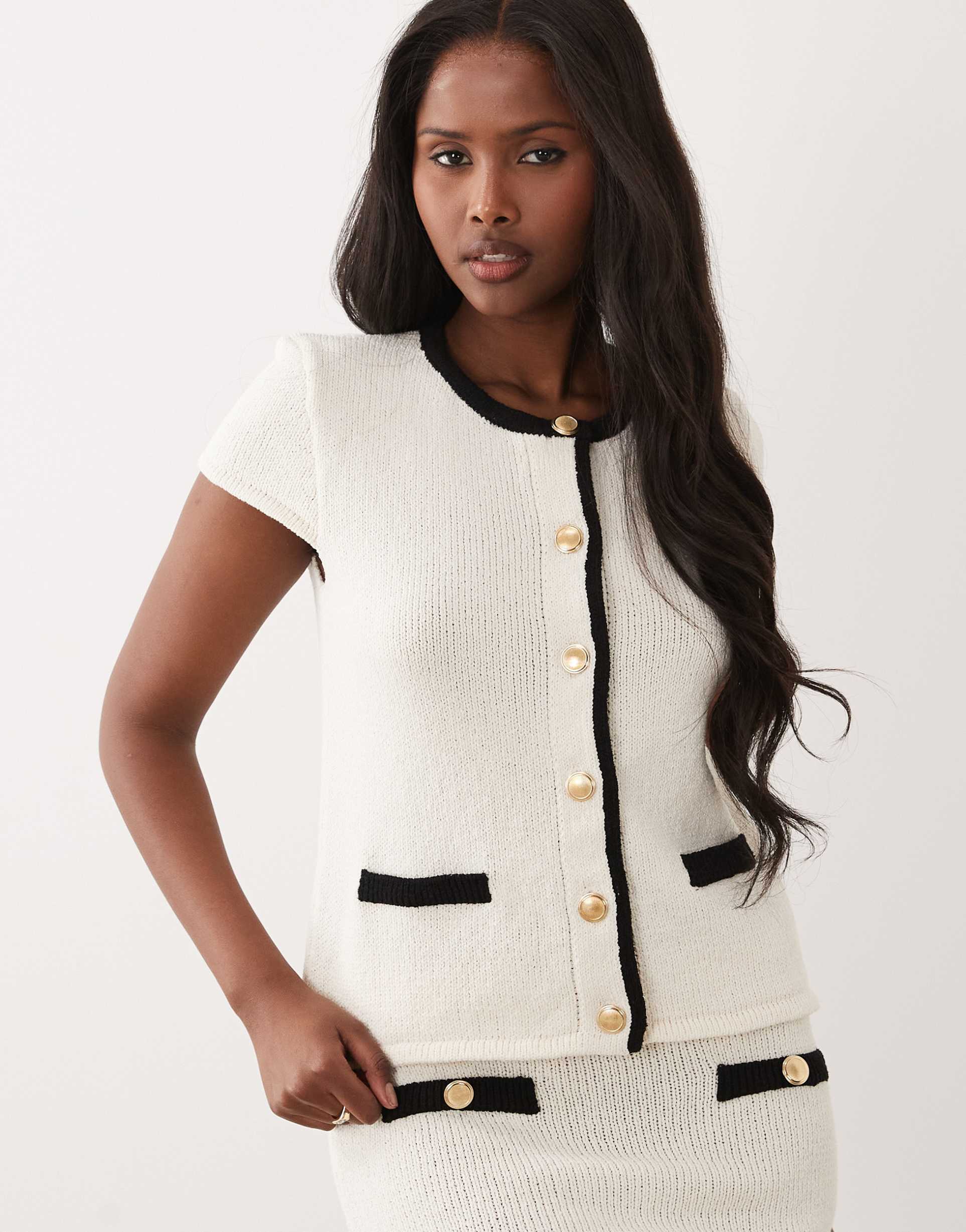 asos design knit bouclé cardigan in ecru and black - part of a set