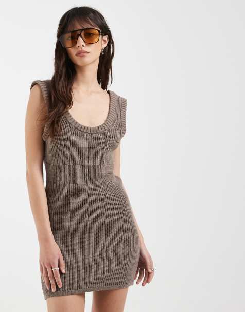 ASOS DESIGN knit bouclé dress with sculpted rib-knit detailing in mocha - view 1