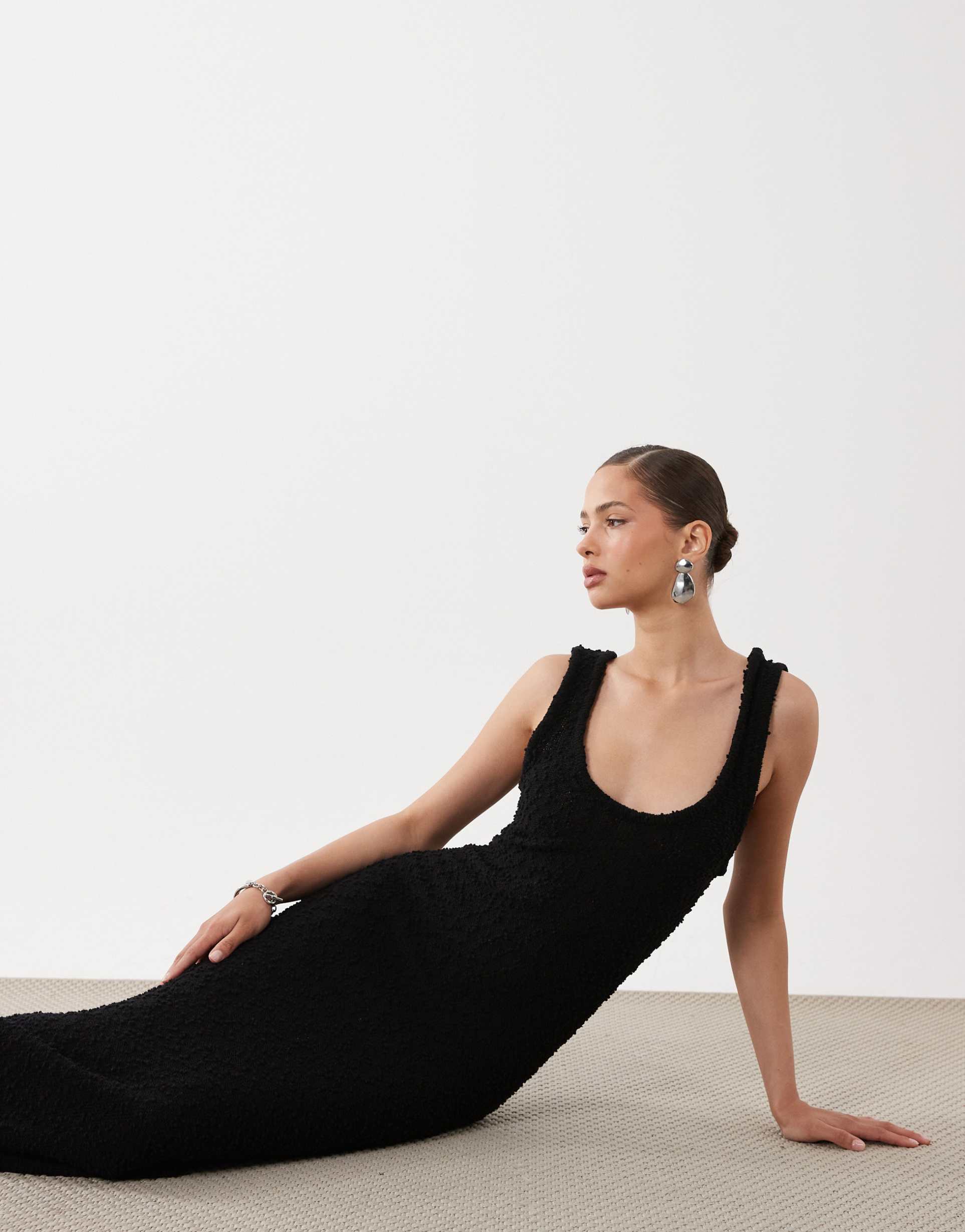 asos design knit boucle scoop maxi dress in black