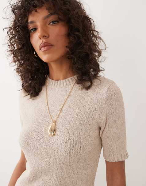 ASOS DESIGN knit boucle shrunken top in mocha - view 1