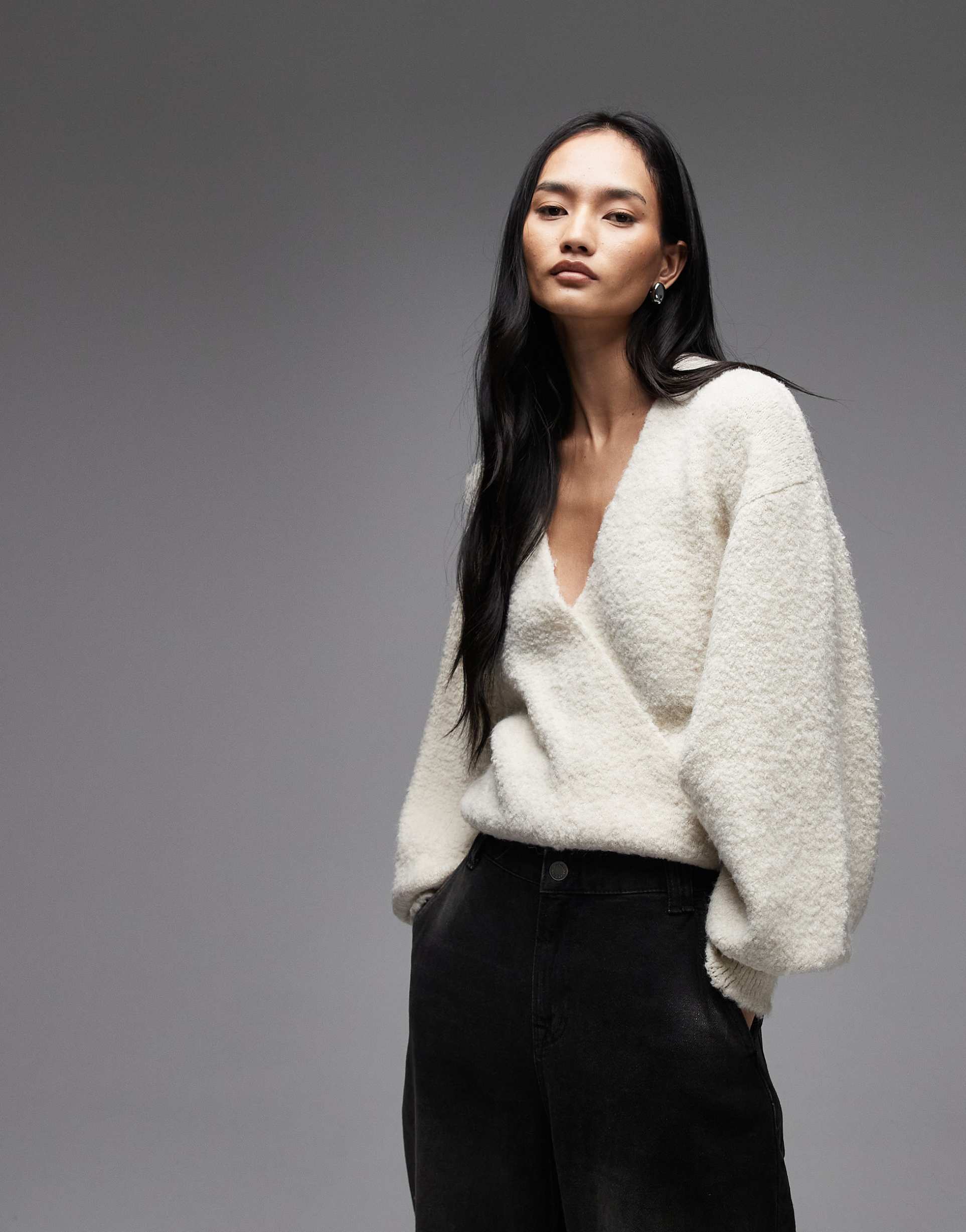 asos design knit bouclé wrap sweater in ecru