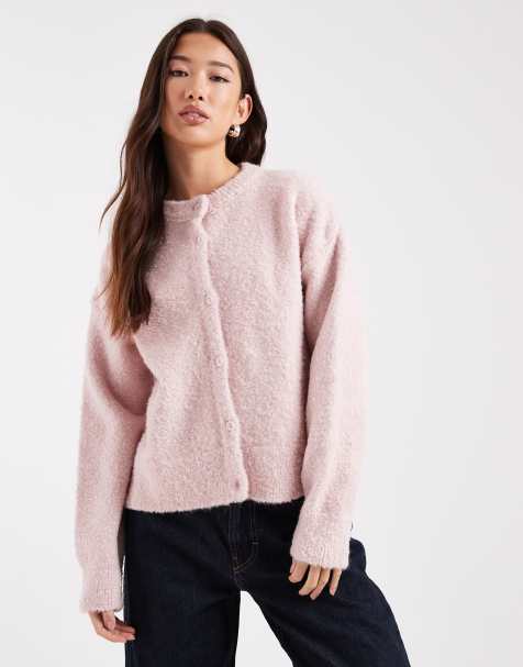 ASOS DESIGN knit boxy cardigan in pink boucle - view 1