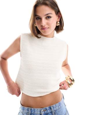 Shop Asos Design Knit Boxy Tank With Stitch Detail In Cream-white