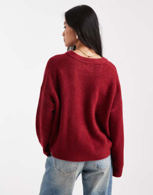 Asos Design Knit Boxy V-neck Sweater In Red