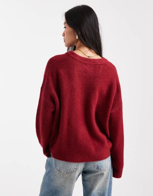 ASOS DESIGN knit boxy V-neck sweater in burgundy
