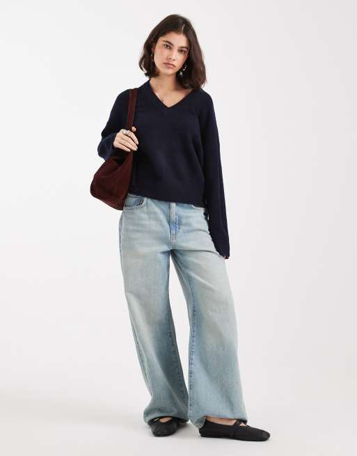 ASOS DESIGN knit boxy v neck sweater in navy