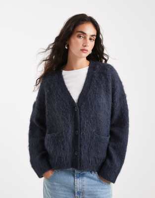 Asos Design Knit Brushed Boxy Pocket Cardigan In Blue