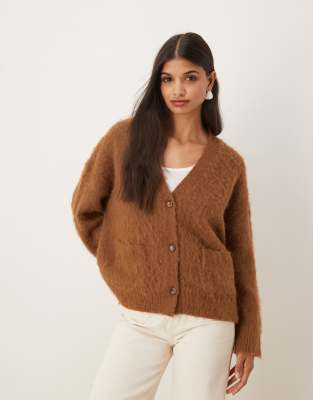 Asos Design Knit Brushed Boxy Pocket Cardigan In Brown