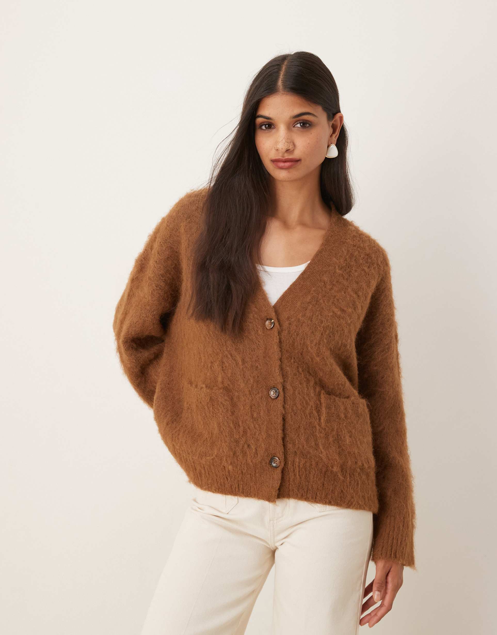 asos design knit brushed boxy pocket cardigan in toffee