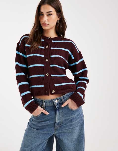ASOS DESIGN knit brushed cardigan in plum and blue - view 1