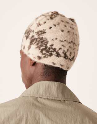 Asos Design Knit Brushed Cow Print Beanie In Neutral