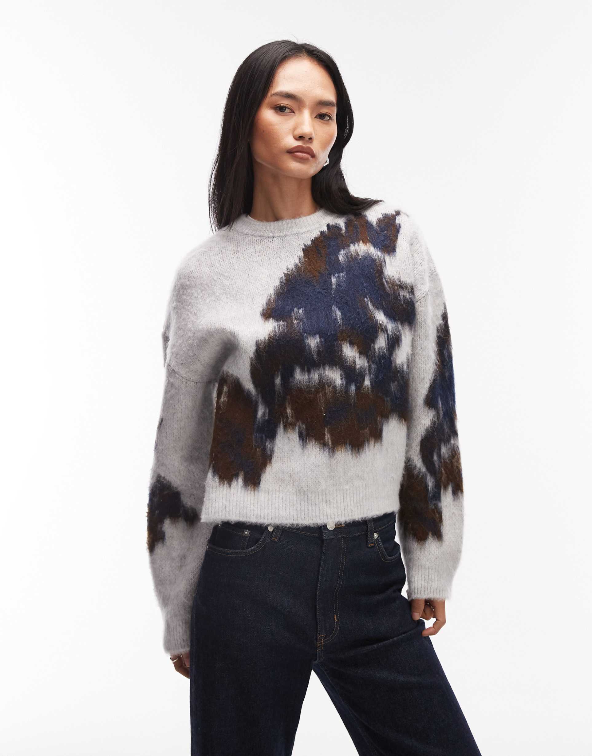 asos design knit brushed floral sweater in gray