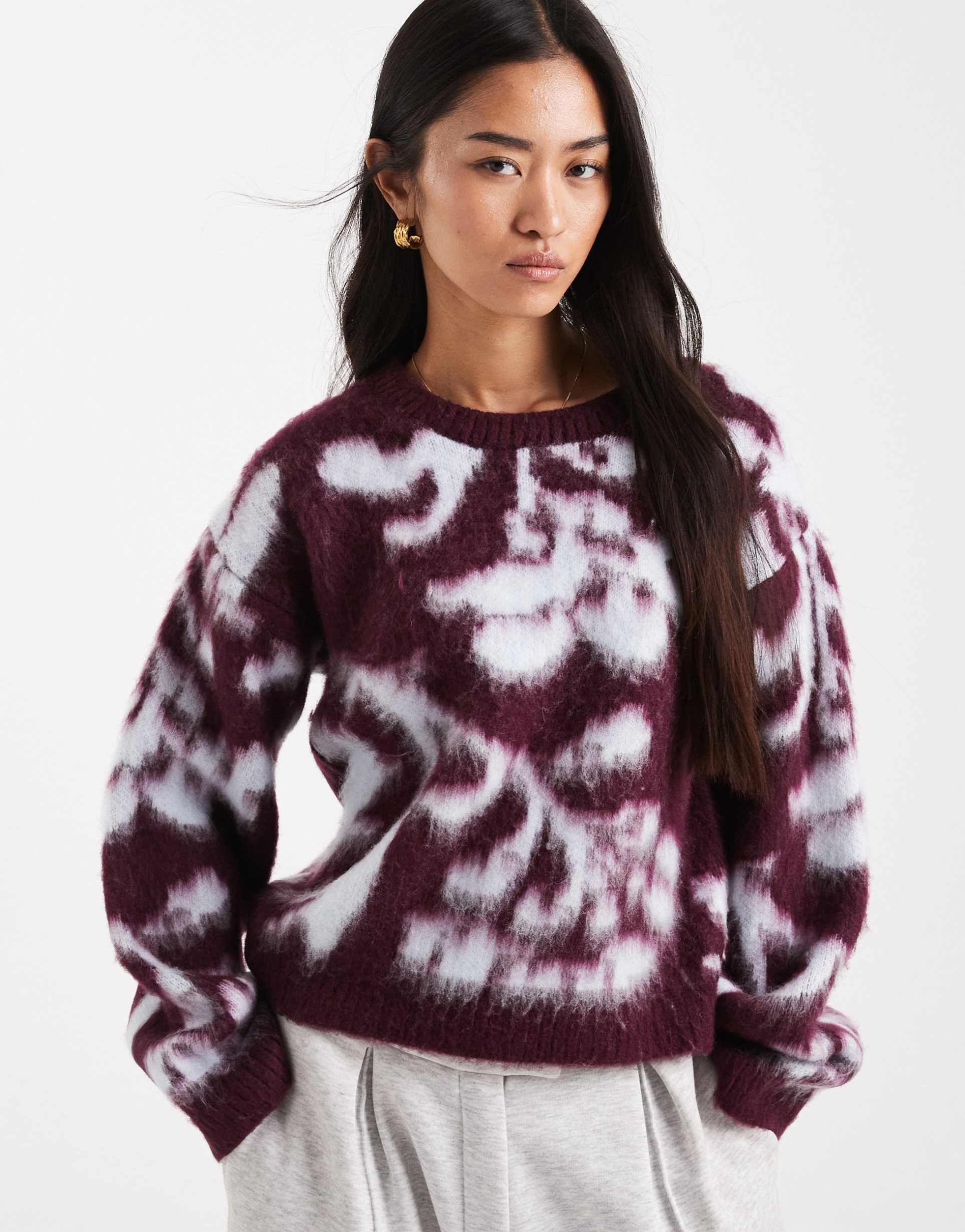 asos design knit brushed floral sweater in wine