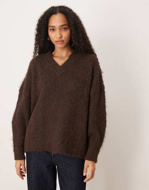 ASOS DESIGN knit brushed v neck oversized sweater in chocolate - view 1