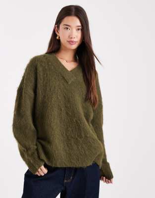 Asos Design Knit Brushed V Neck Oversized Sweater In Green