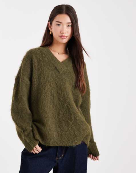 ASOS DESIGN knit brushed v neck oversized sweater in olive - view 1
