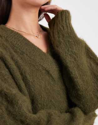 Asos Design Knit Brushed V Neck Oversized Sweater In Green